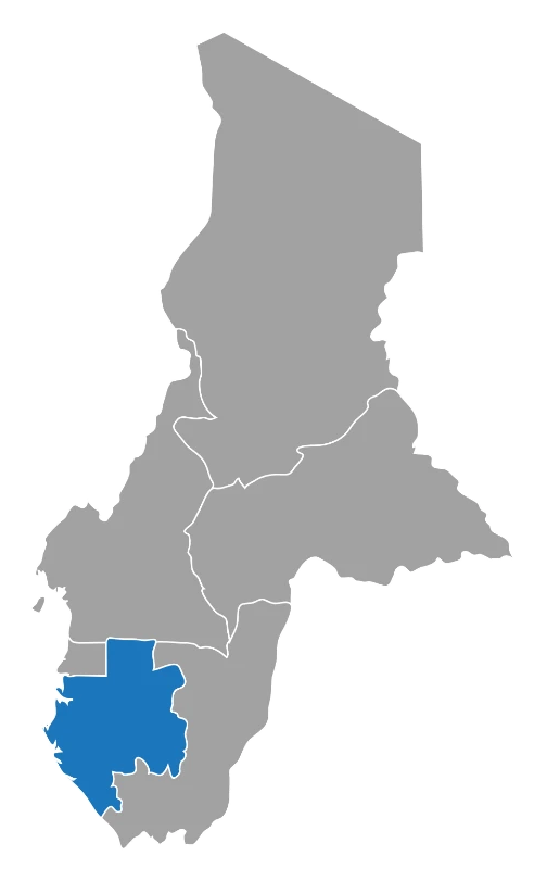 Carte des six pays de la CEMAC avec le Gabon mis en valeur
