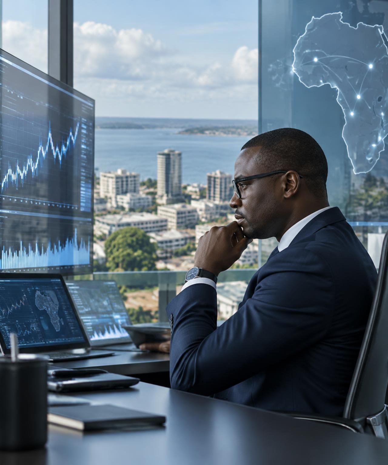 Professionnel analysant les marchés financiers et les réseaux d'investissement africains